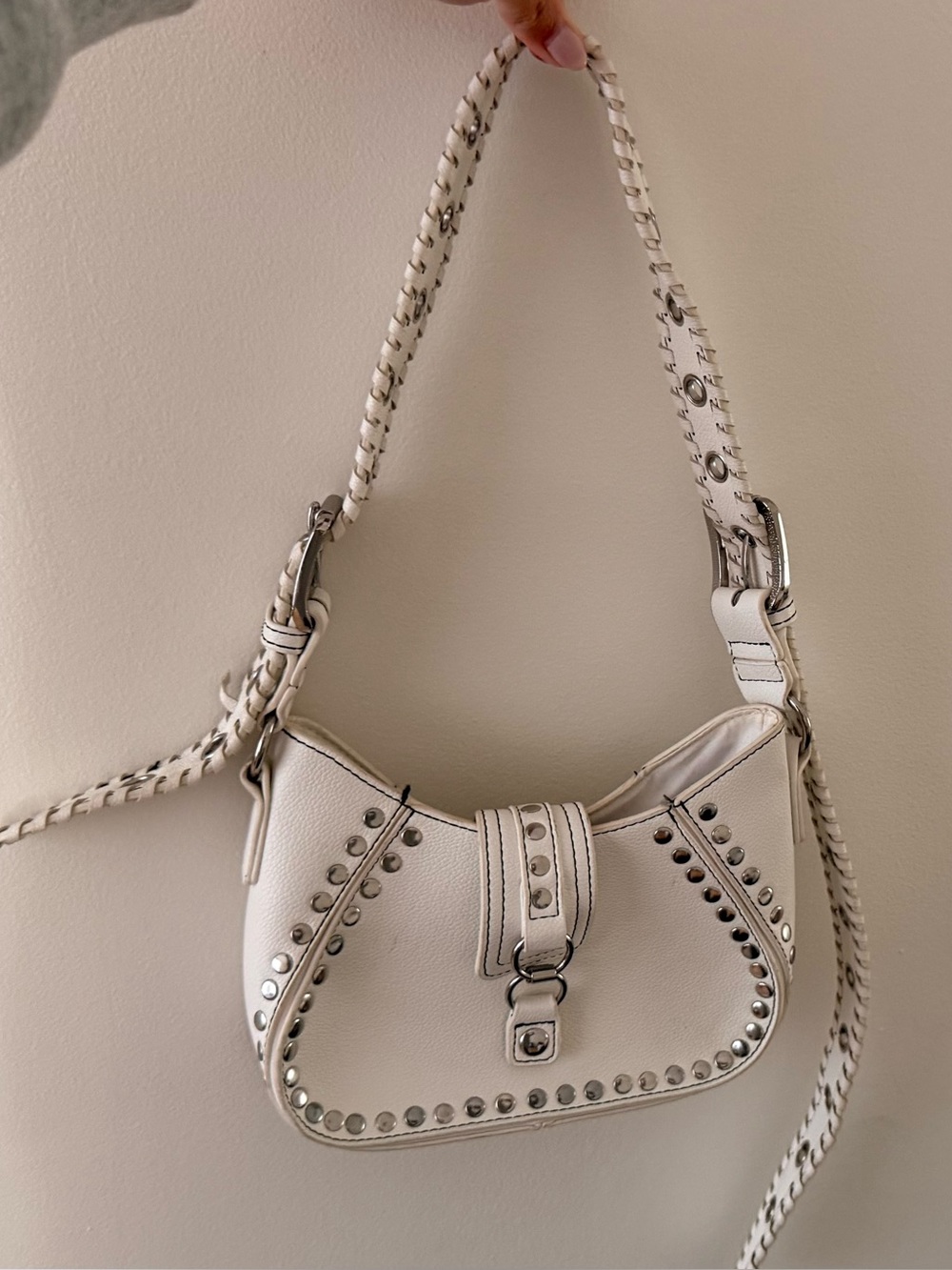 White Studded Shoulder Bag with Braided Strap